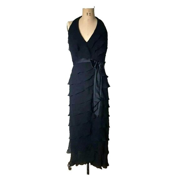 TADASHI Shoji vintage silk maxi black tiered ruffle halter cocktail dress gown - Picture 1 of 12